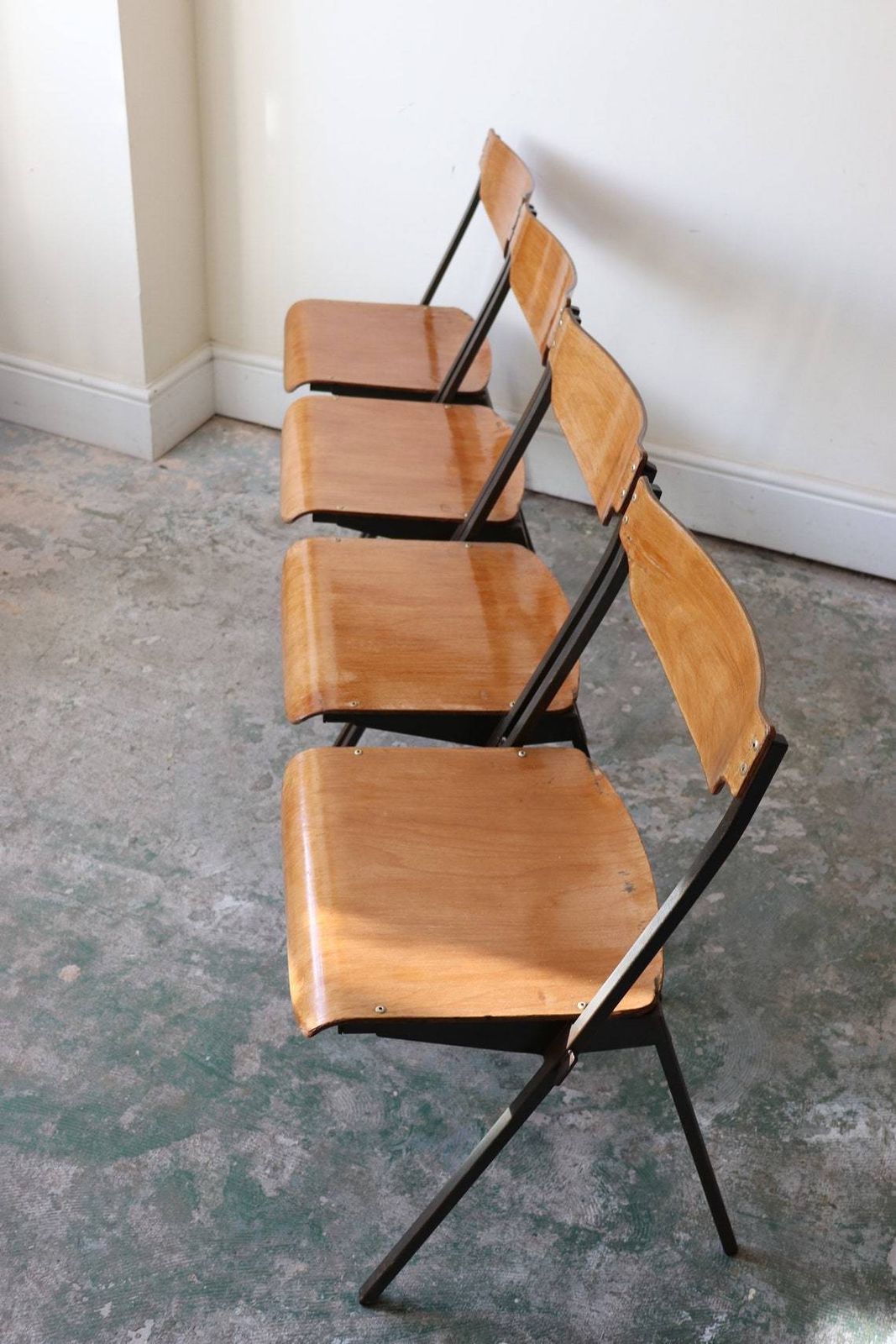 Great Set Of Four Mid Century French Stacking Chairs photo vintage