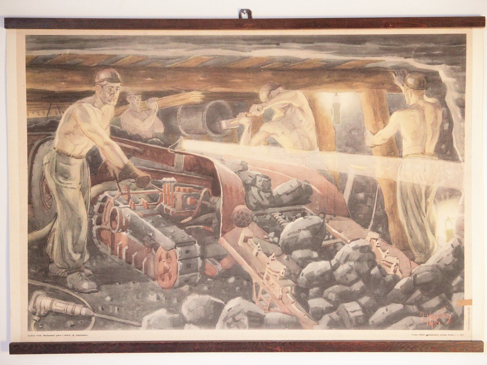 Mid Century Czechoslovak Communist School Poster Of Coal Mine Workers By Jindrich Vlcek, 1951
