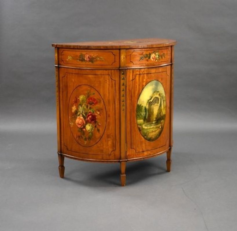 Edwardian Satinwood Hand Painted Demi Lune Side Cabinet