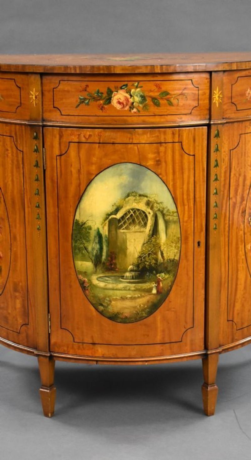 Edwardian Satinwood Hand Painted Demi Lune Side Cabinet photo Furniture