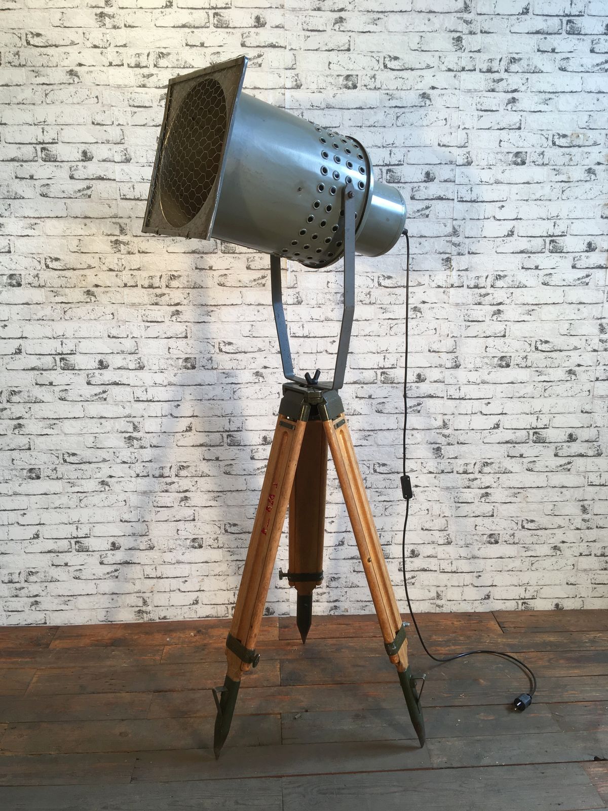 Large Grey Industrial Spotlight On Wooden Tripod, 2x photo for sale
