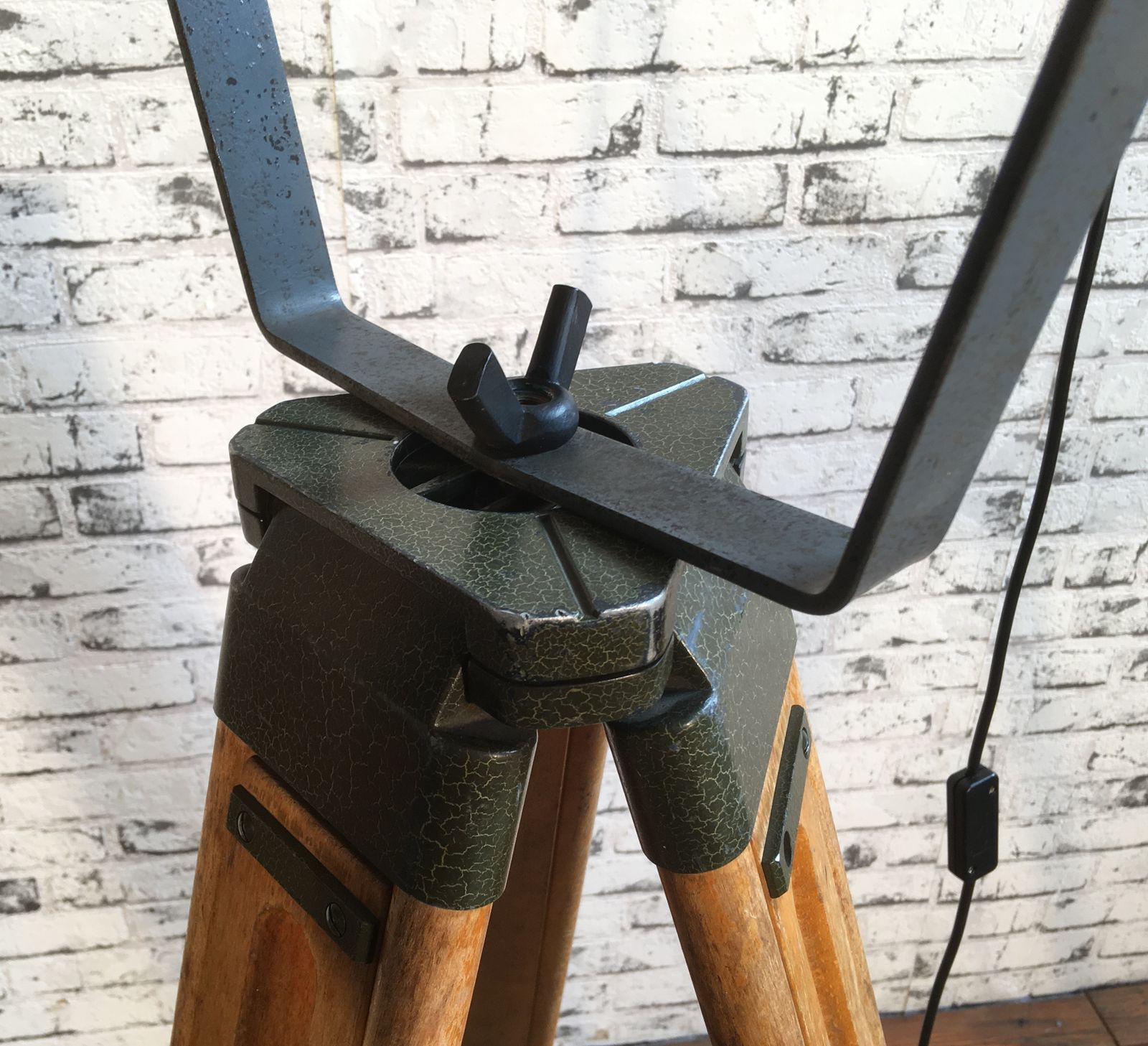 Large Grey Industrial Spotlight On Wooden Tripod, 2x photo vintage