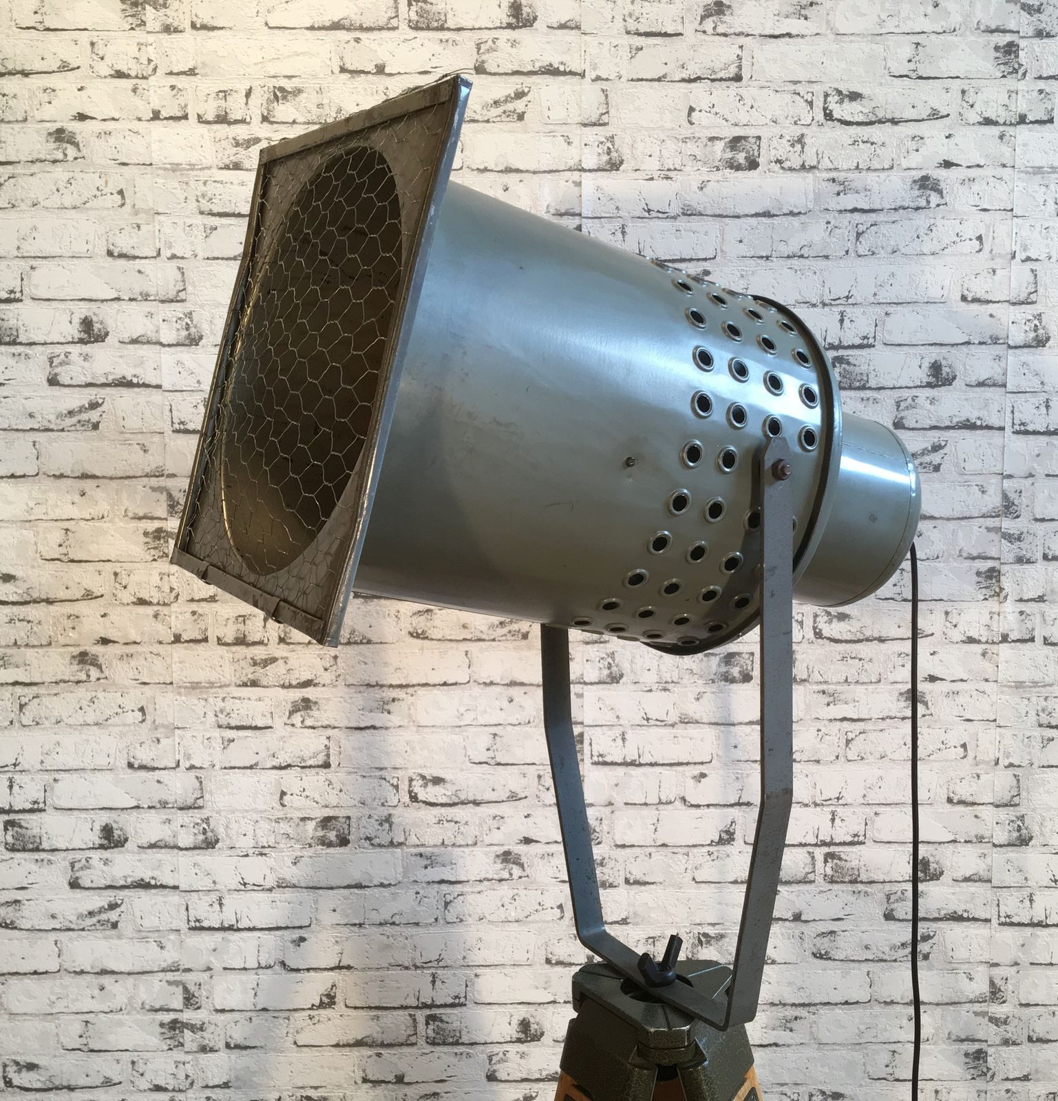 Lighting Large Grey Industrial Spotlight On Wooden Tripod, 2x photo