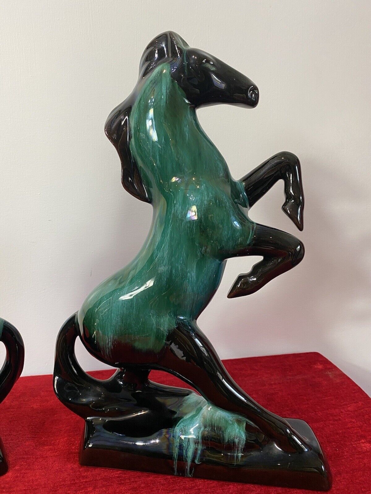 Pair Of Art Deco Style Terracotta Teal Drip Glazed Rearing Stallion Figurines photo vinterior