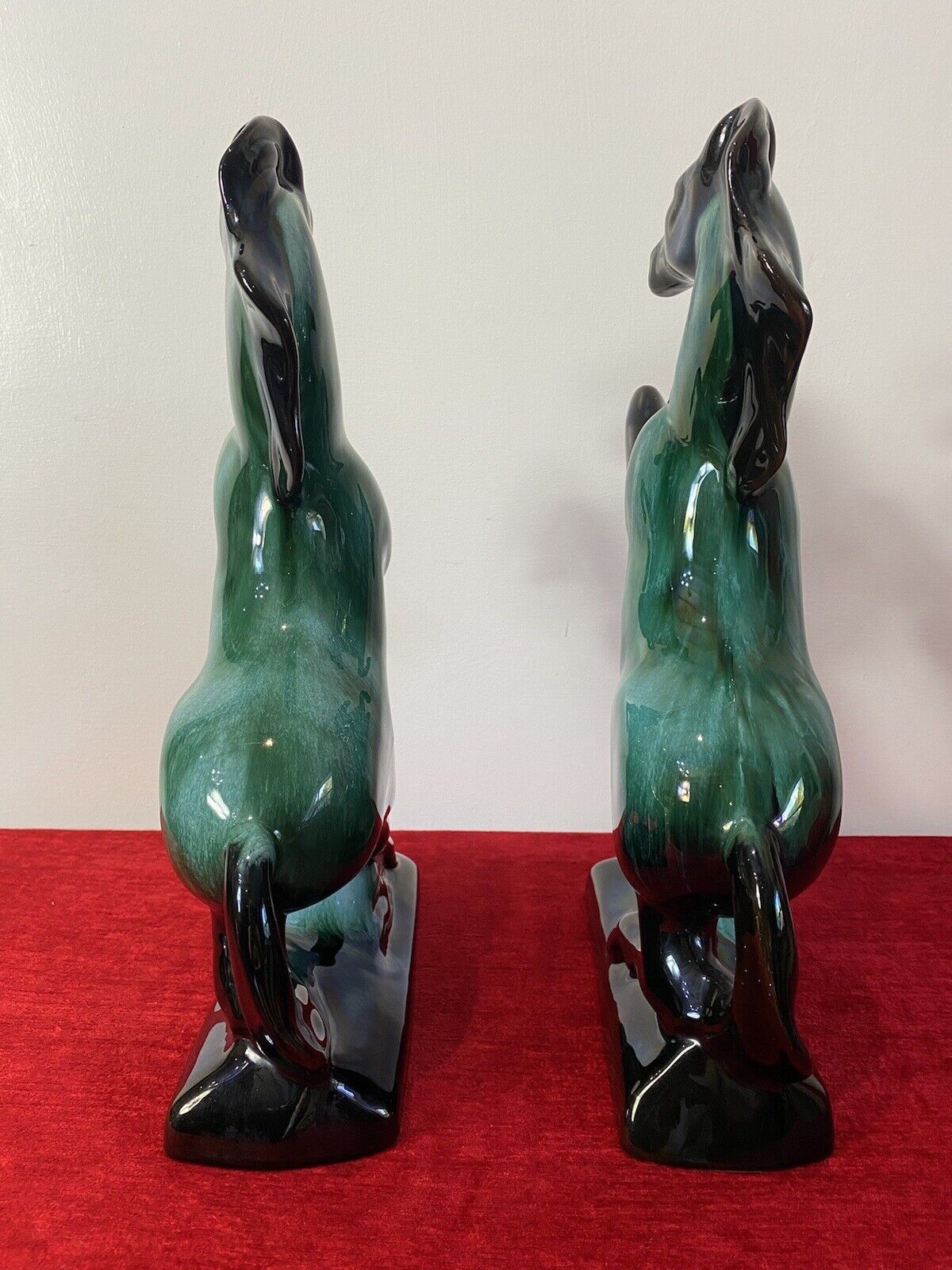 Home Decor Pair Of Art Deco Style Terracotta Teal Drip Glazed Rearing Stallion Figurines photo