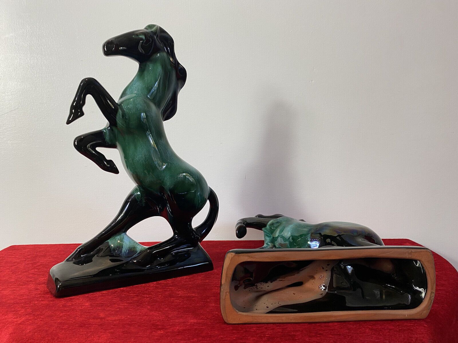 325.0 Pair Of Art Deco Style Terracotta Teal Drip Glazed Rearing Stallion Figurines photo