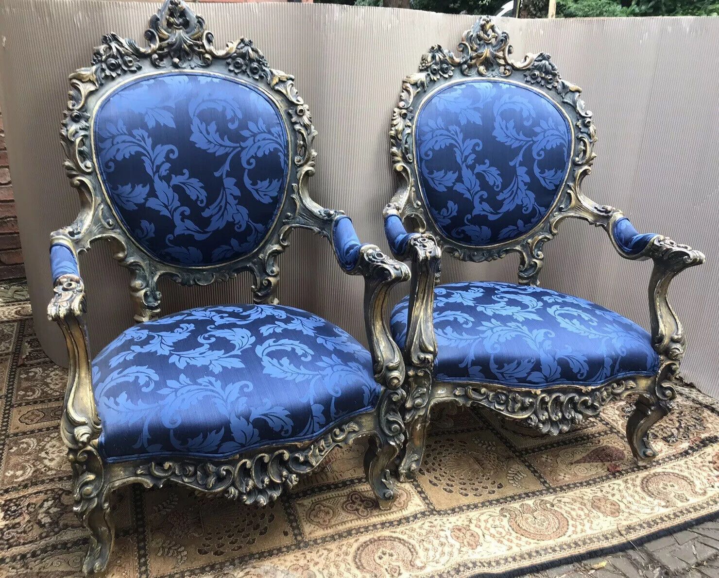 Fine Antique Chateau Blue Silk Demask & Carved Giltwood 3 Piece Boudoir Suite photo buy