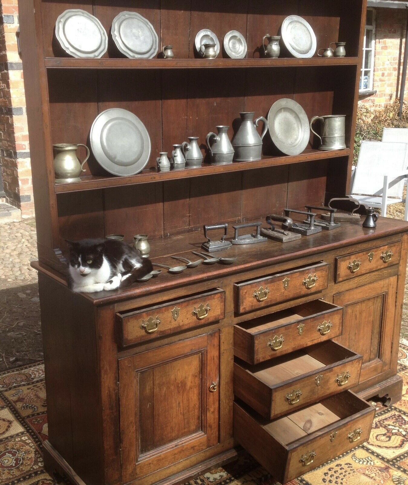 18th Century Period Oak Lancashire Dresser Complete With Pewter Collection