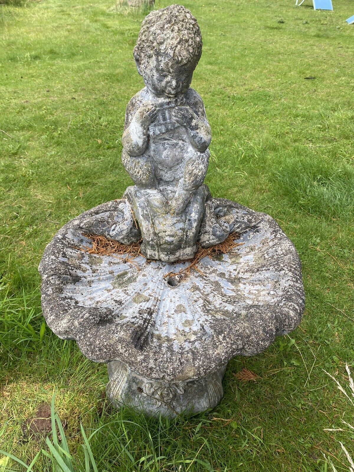 Mythological Water Feature Centrepiece Of Faun Boy Sat Upon Scalloped Bowl photo Garden Decor