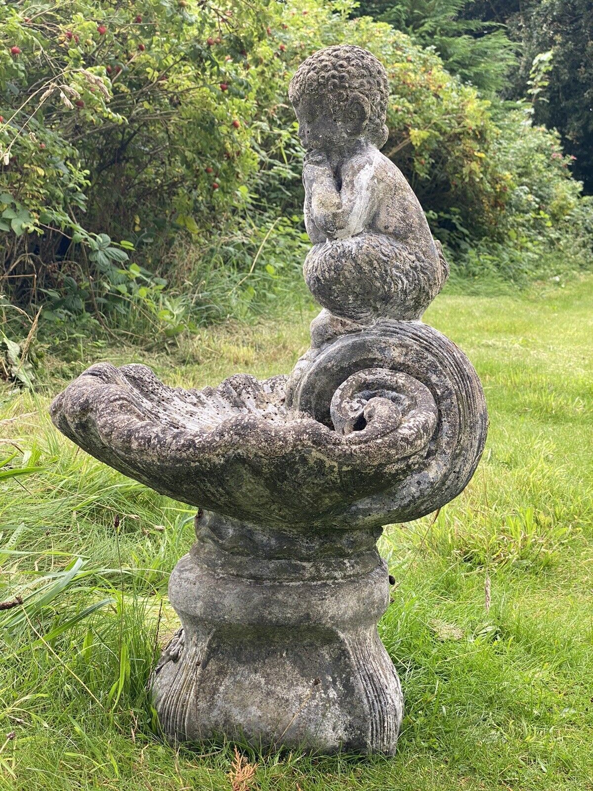 Mythological Water Feature Centrepiece Of Faun Boy Sat Upon Scalloped Bowl photo buy