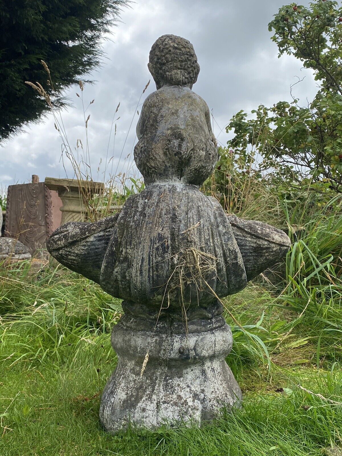 photo furniture Mythological Water Feature Centrepiece Of Faun Boy Sat Upon Scalloped Bowl