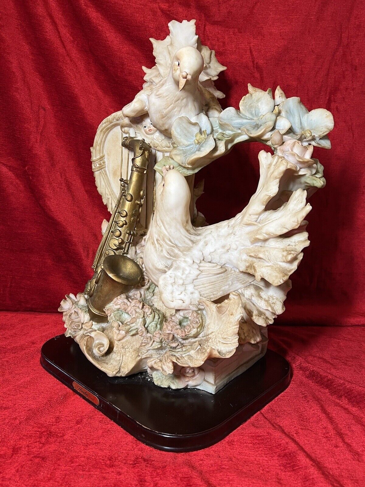 Large Italianate Romantic Turtle Doves Musical Showpiece On Wood Plinth Signed photo Art