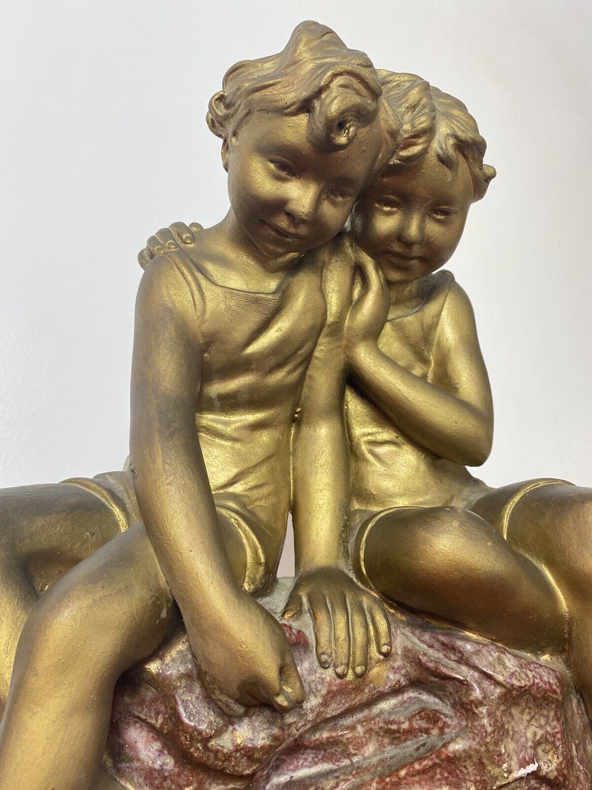 French Art Nouveau Gilt Children Upon Rock With Sailboat Rouge Marbled Sculpture photo Art