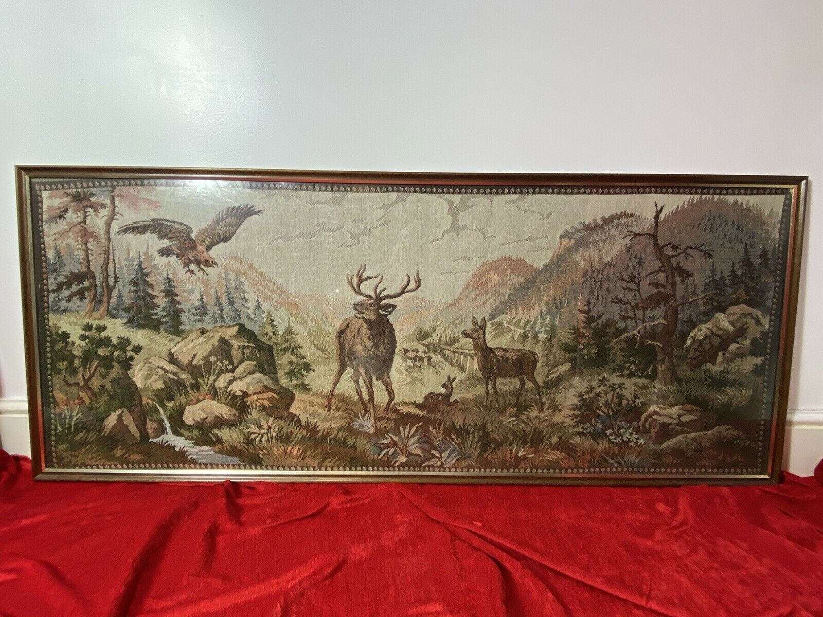 Large Canadian Tapestry Artwork Of Stag And Hind In Rockies Landscape