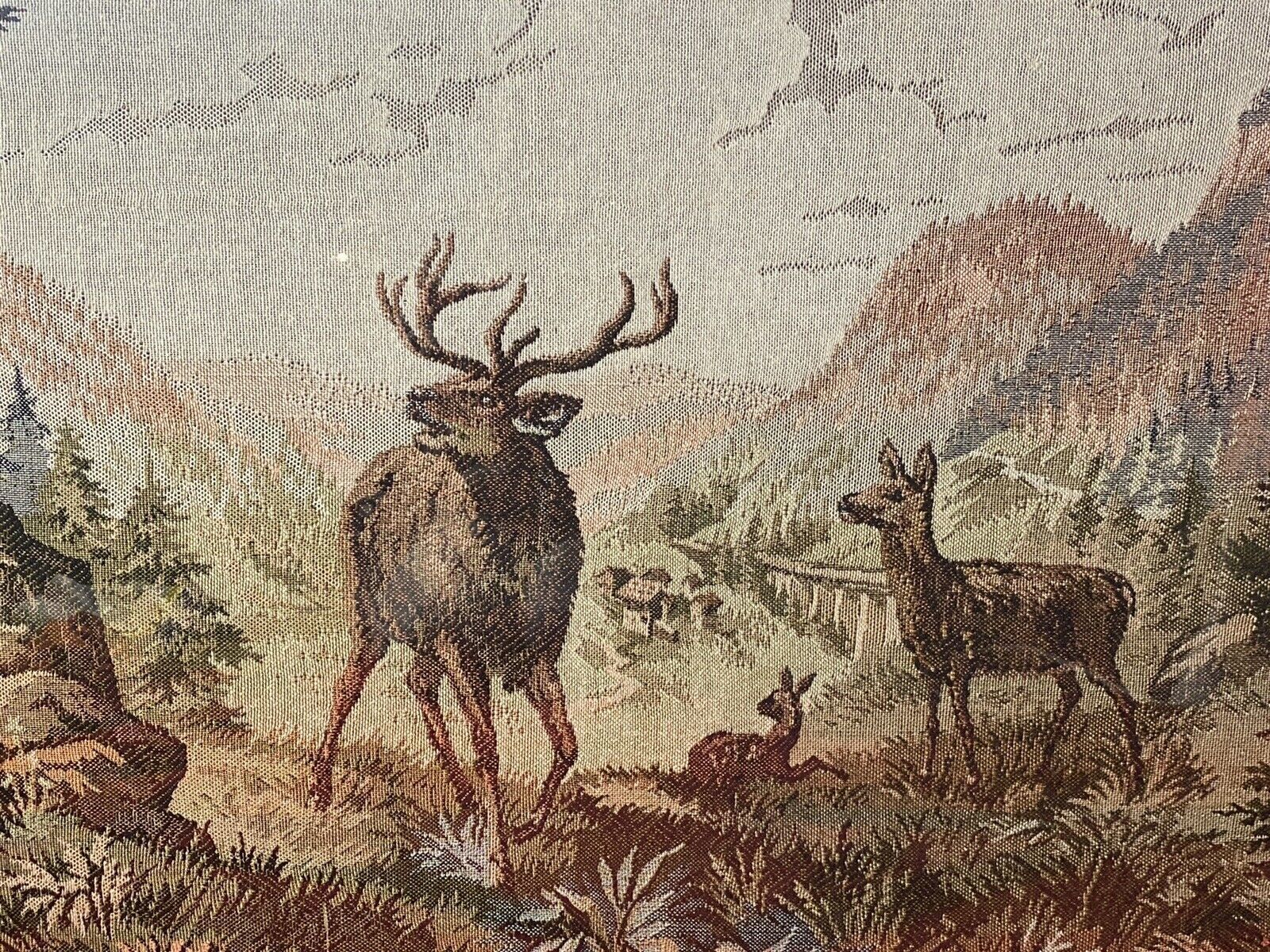 Large Canadian Tapestry Artwork Of Stag And Hind In Rockies Landscape photo vintage