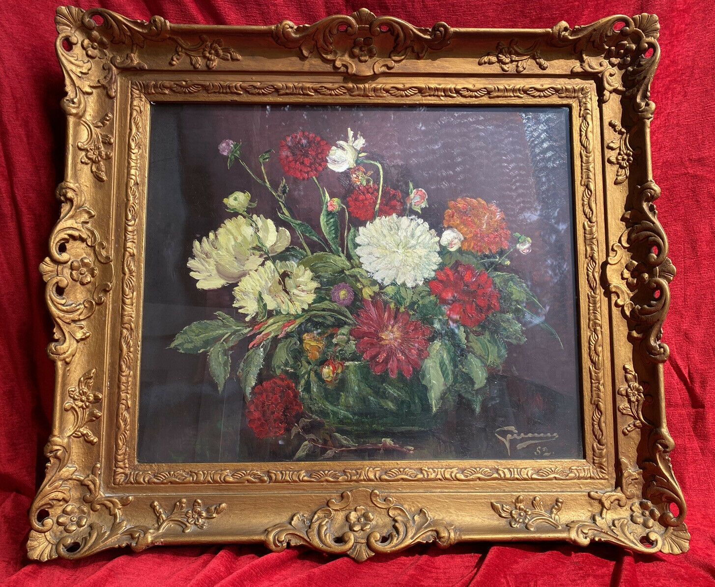 Beautiful Fine Art Chrysanthemum Still Life Oil Painting In Gilt Frame Signed photo vinterior