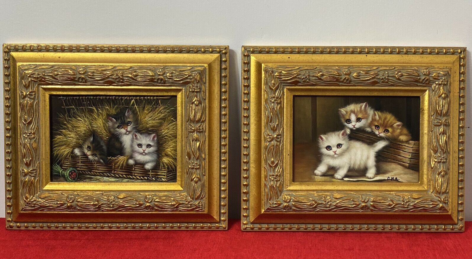 Pair Of Charming Animal Lovers Kitten Oil Paintings By Artist D Miller photo vintage