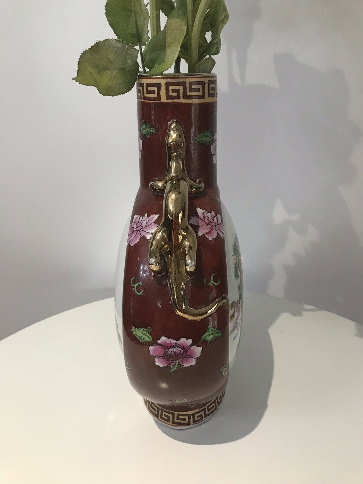Cantonese Hand Painted Guilt Komodo Dragon Handled Vase photo vintage