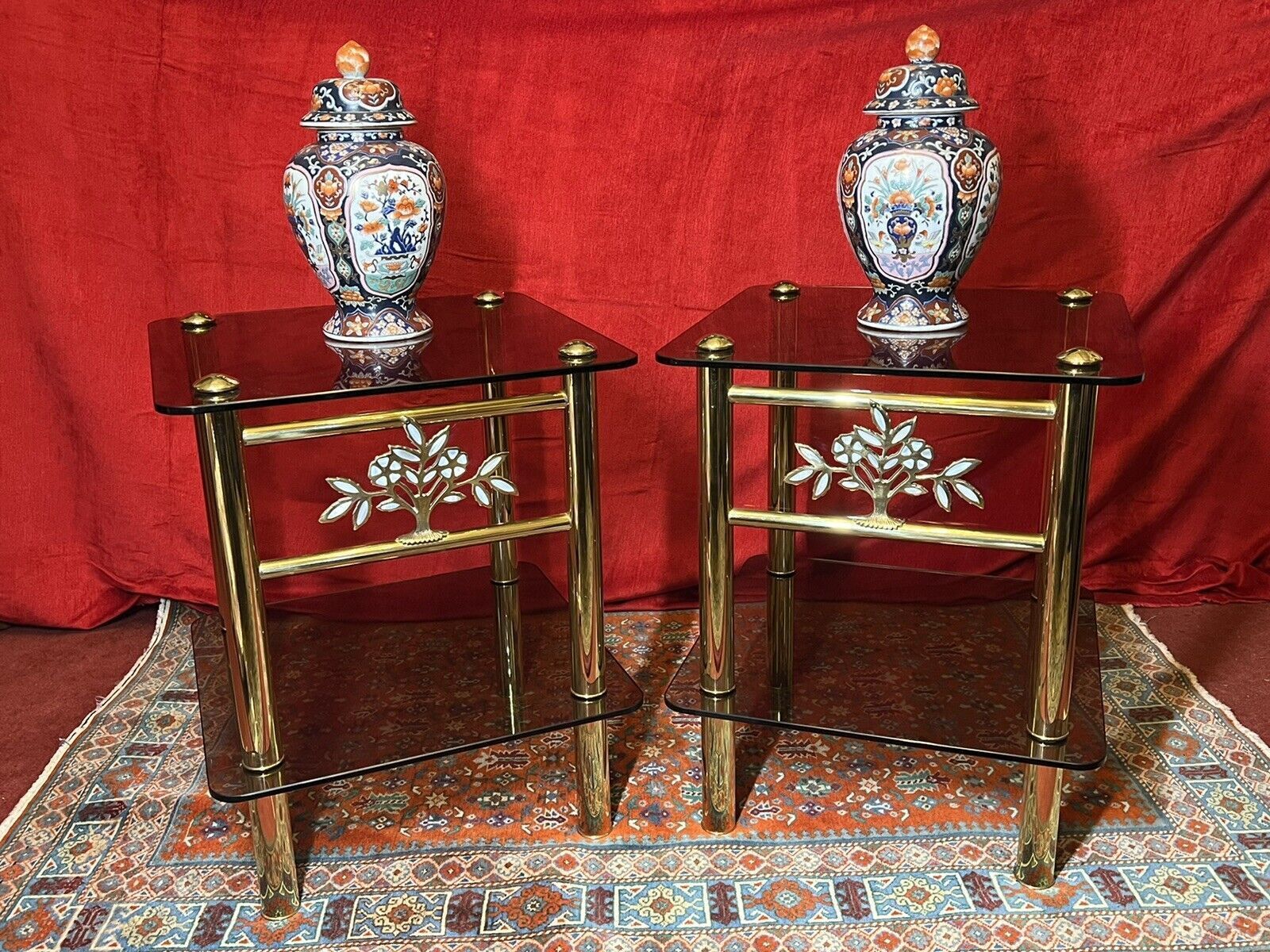 Pair Of Italian Designer Brass Maritime Side Tables With Pearl Inlaid Bouquets