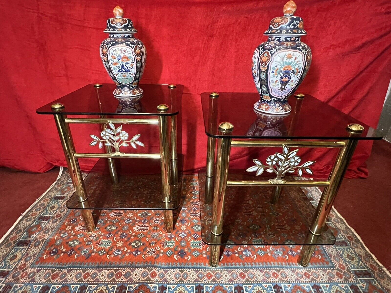 Pair Of Italian Designer Brass Maritime Side Tables With Pearl Inlaid Bouquets photo furniture