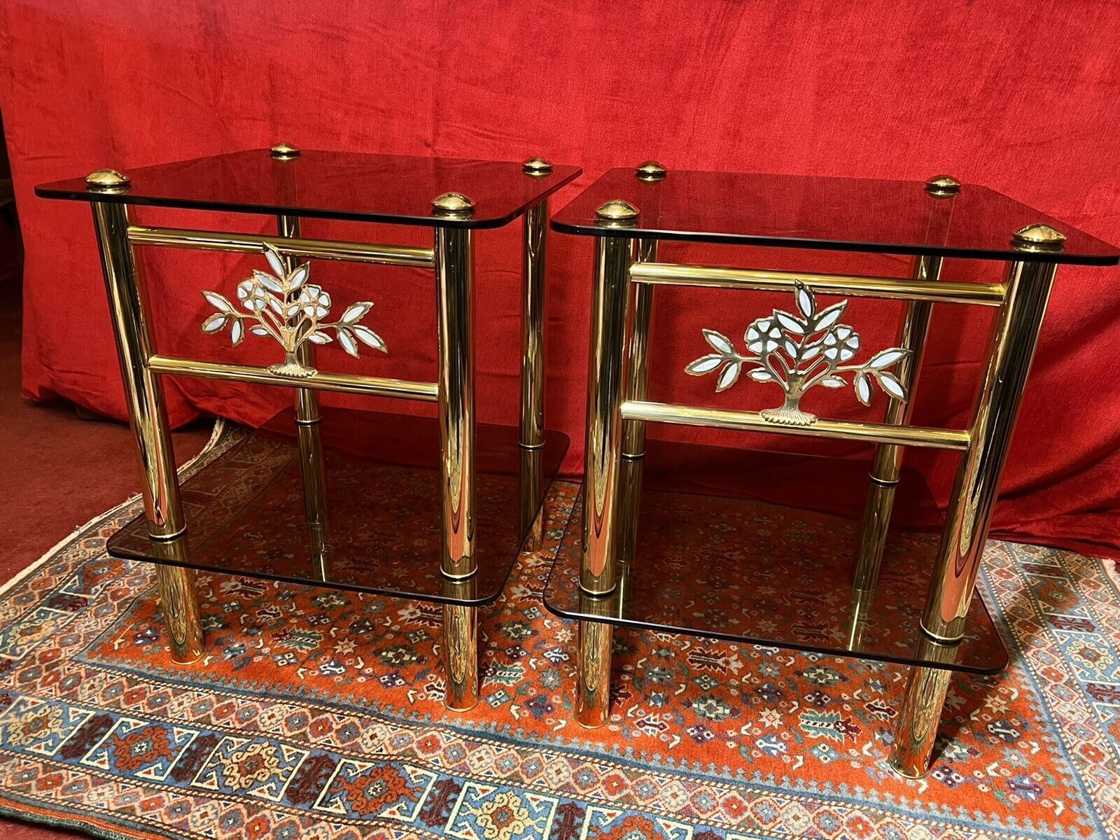 Pair Of Italian Designer Brass Maritime Side Tables With Pearl Inlaid Bouquets photo 575.0