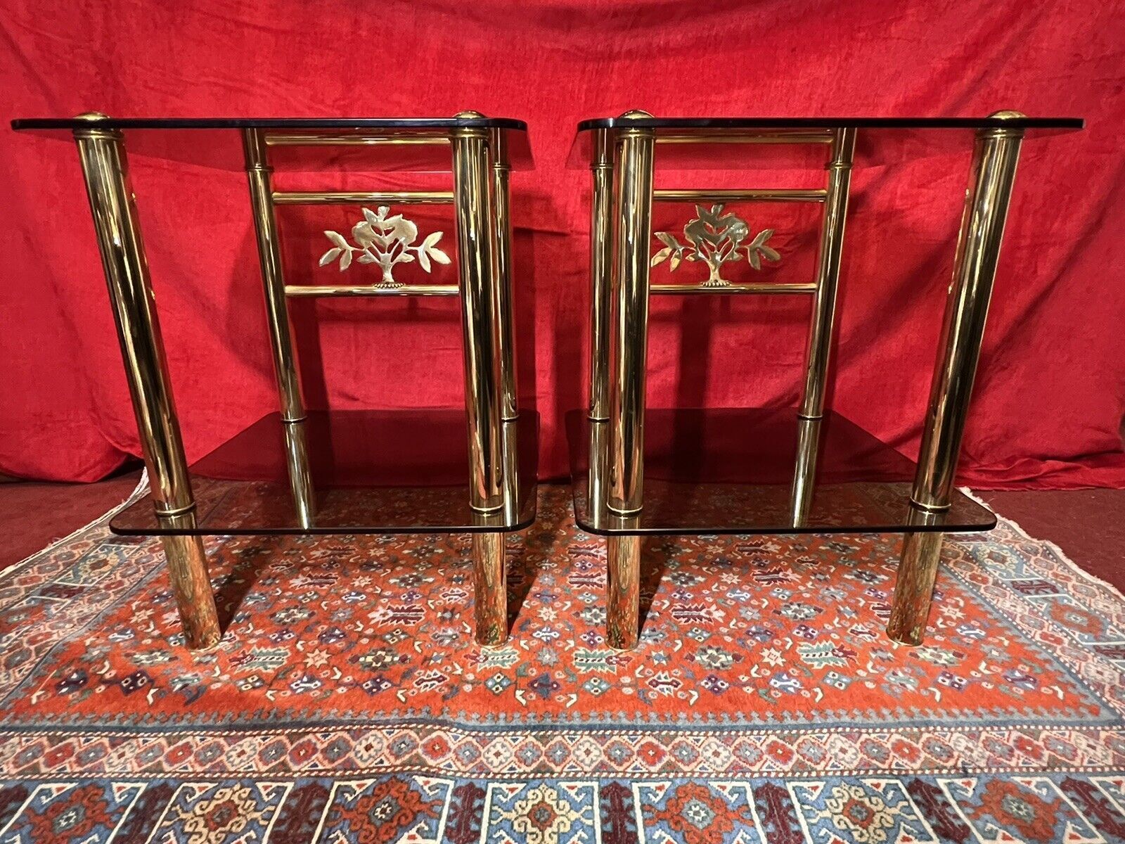 photo furniture Pair Of Italian Designer Brass Maritime Side Tables With Pearl Inlaid Bouquets