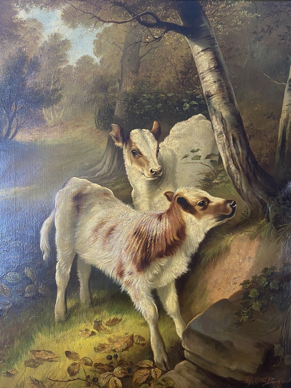 Fine Quality A H Milton Drinkwater Calves In Landscape Oil Painting Dated 1901 photo furniture