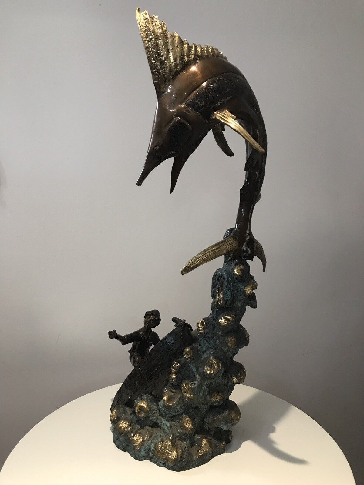 Vintage 20th Century Quality Bronze Statue Merlin Fish & Fishing Boat Capsized photo for sale
