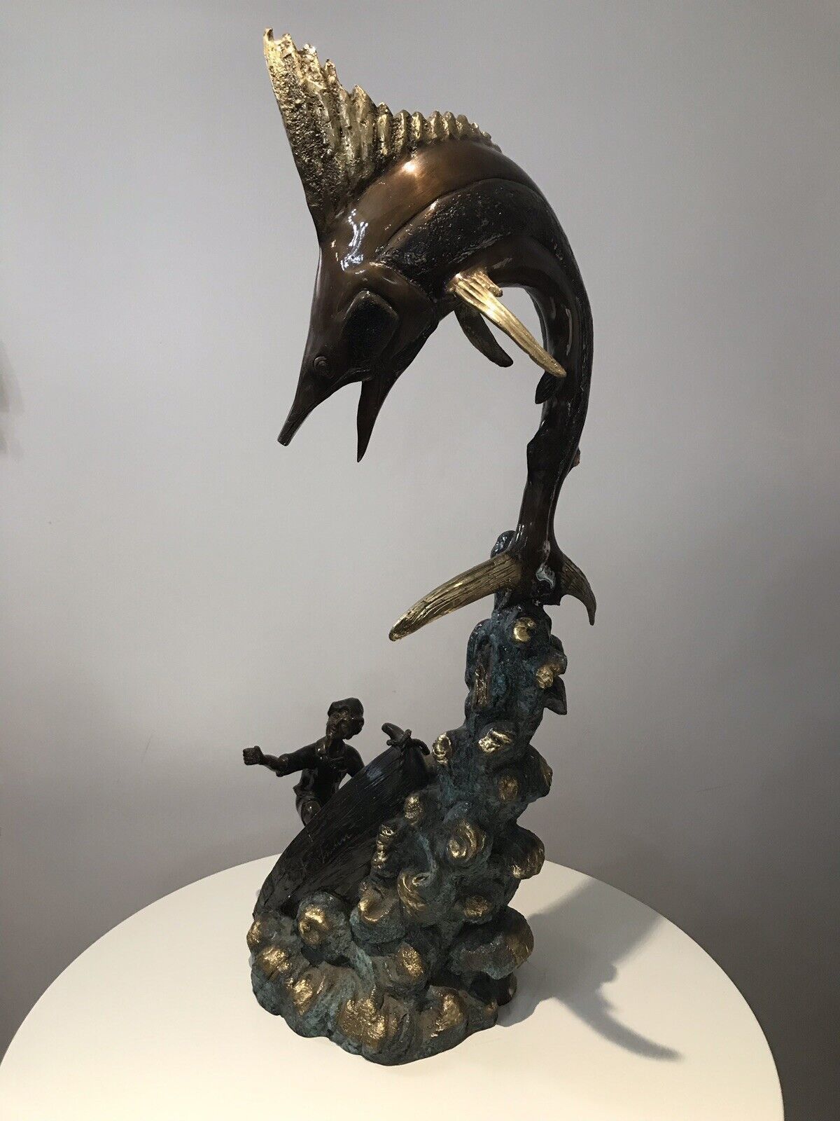 Art Vintage 20th Century Quality Bronze Statue Merlin Fish & Fishing Boat Capsized photo