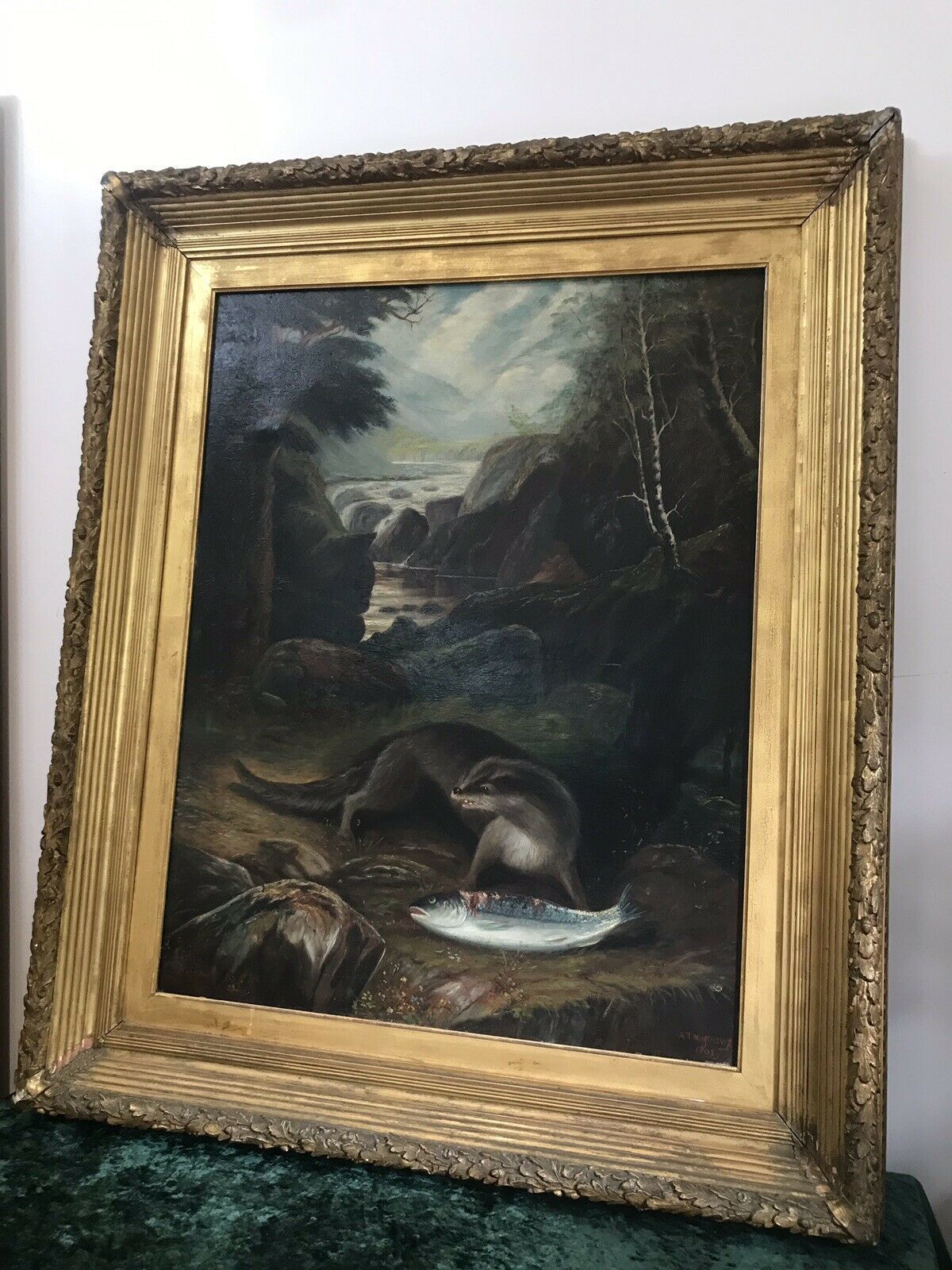 Fine Oil On Canvas Painting Otter Eating A Fish On The Bank Of Loch Lomond photo 1395.0