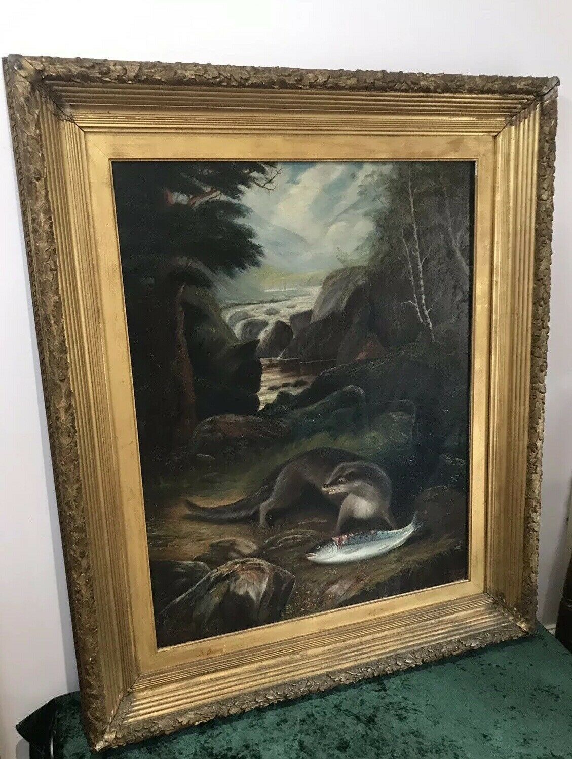 Fine Oil On Canvas Painting Otter Eating A Fish On The Bank Of Loch Lomond photo vinterior