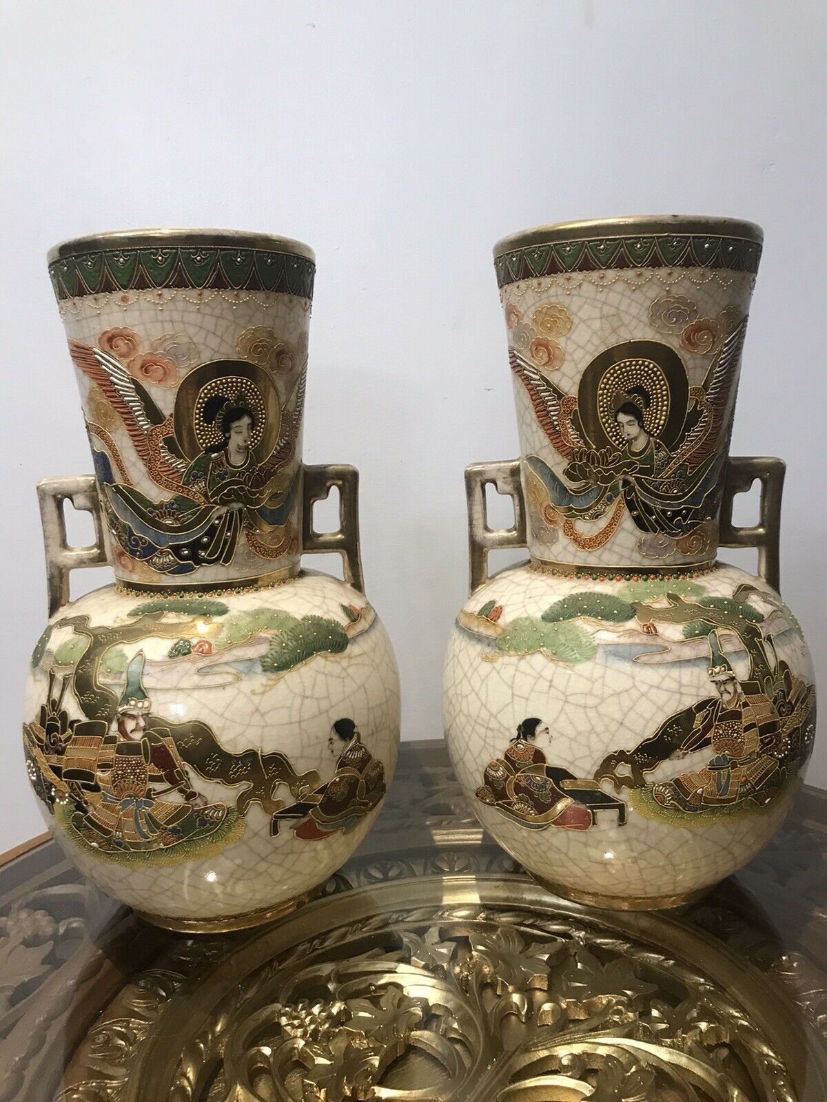 Antique Pair Of Japanese 19th Century Cracked Glaze Arch Angel Satsuma Vases