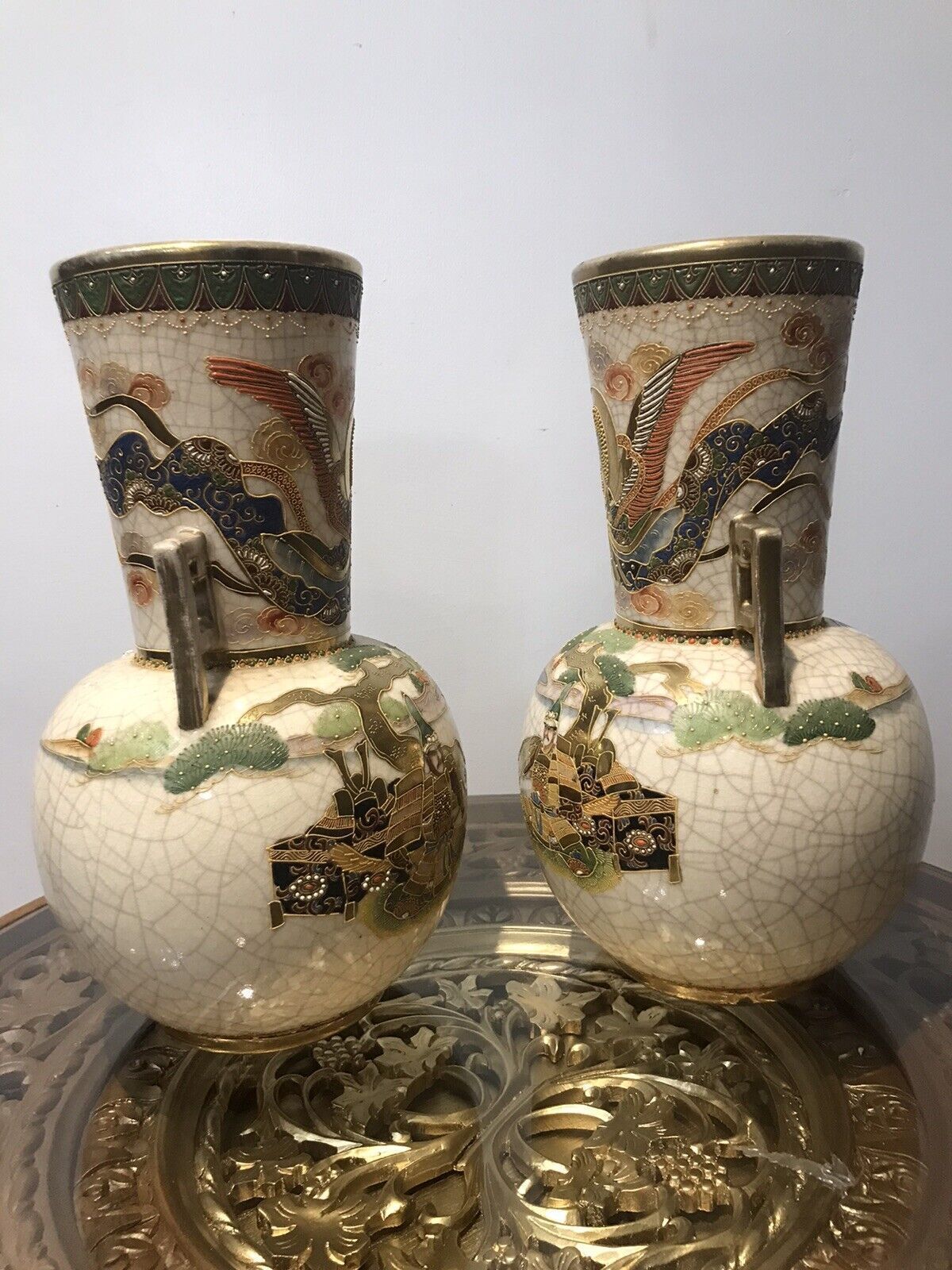 Antique Pair Of Japanese 19th Century Cracked Glaze Arch Angel Satsuma Vases photo for sale