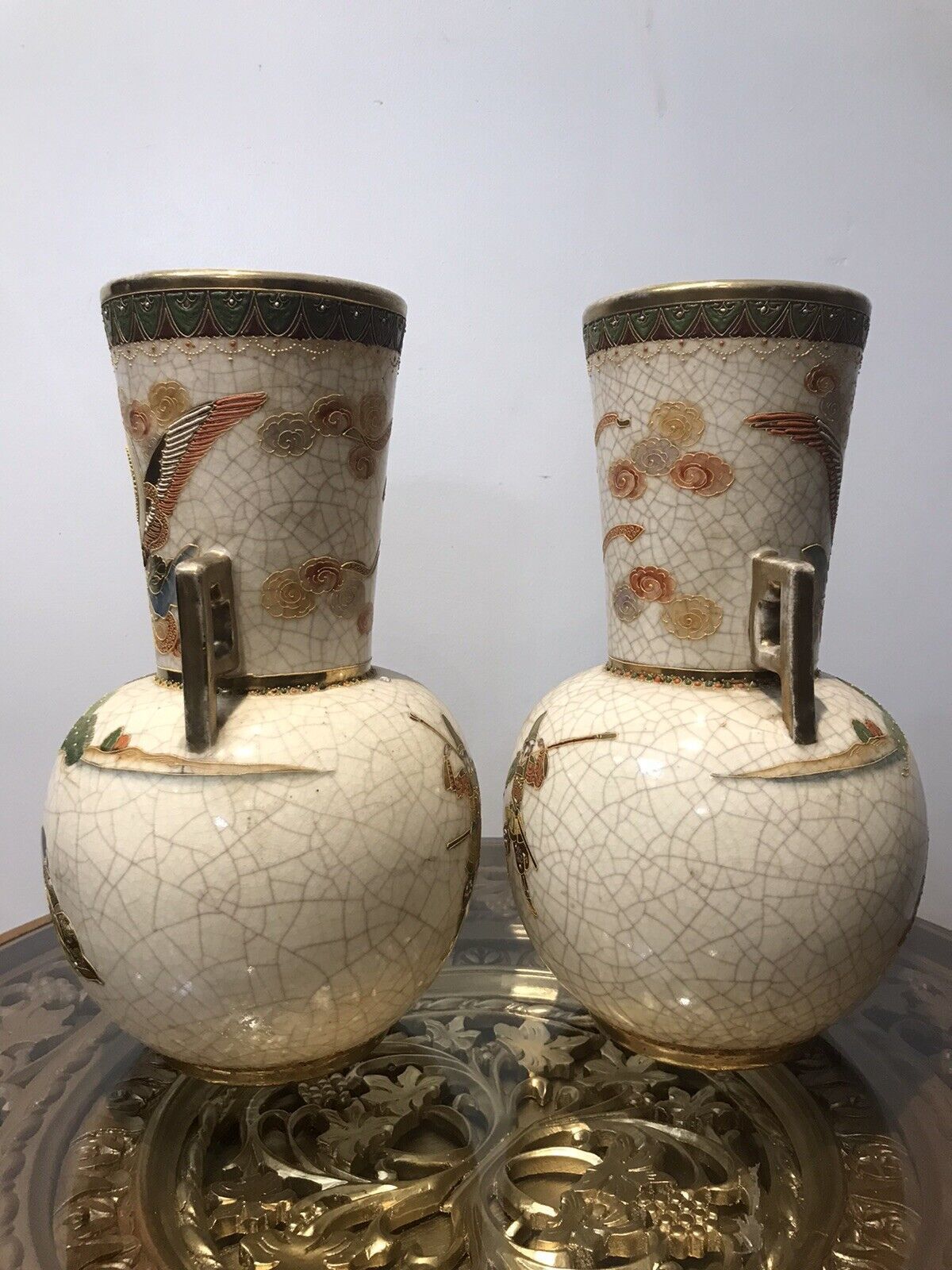 Antique Pair Of Japanese 19th Century Cracked Glaze Arch Angel Satsuma Vases photo 385.0