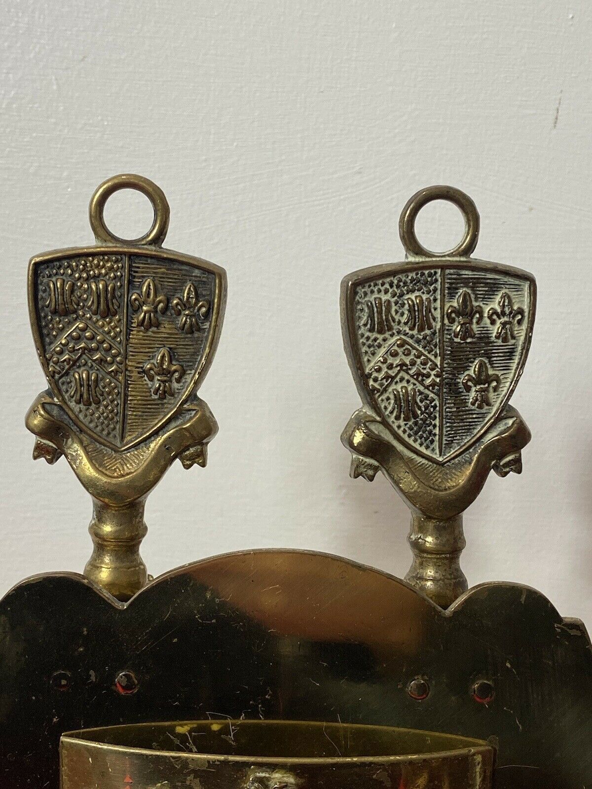 photo for sale Vintage Brass Georgian Stye Royal United Kingdom Coat Of Arms Fire Companion Set