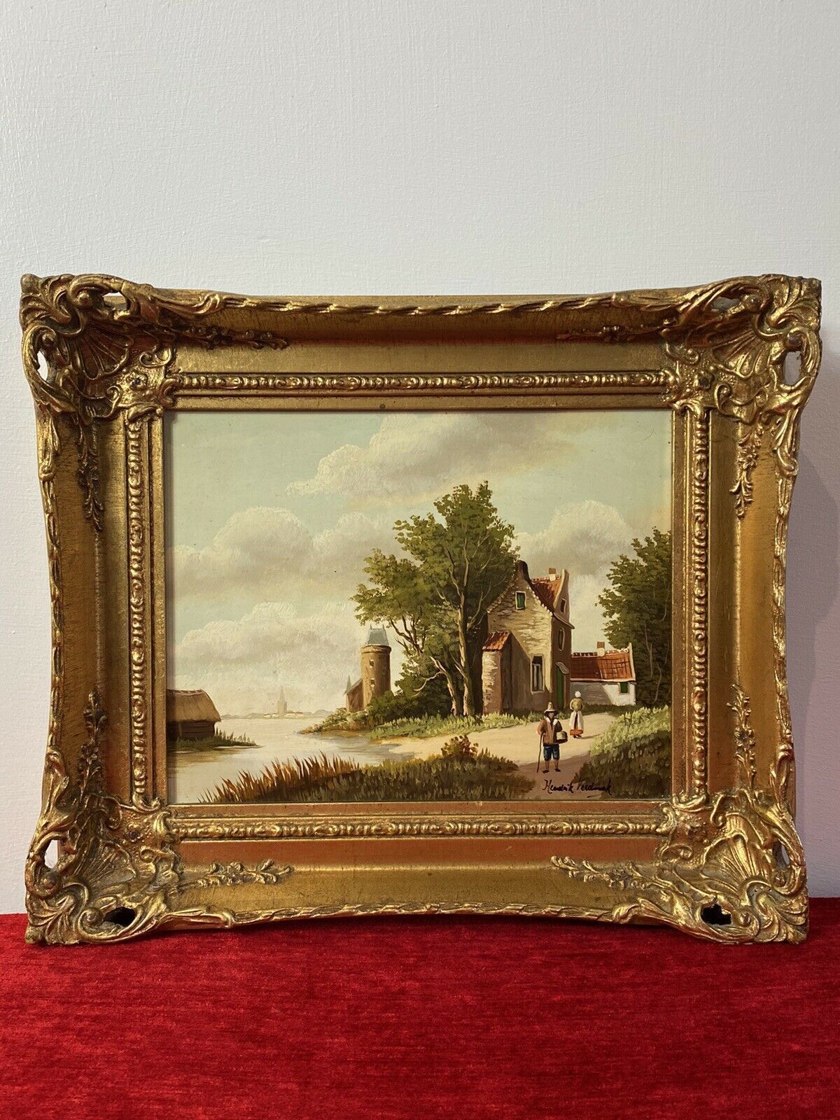 Early 20th Century Dutch Landscape Painting On Oak Panel Signed In Gilt Frame