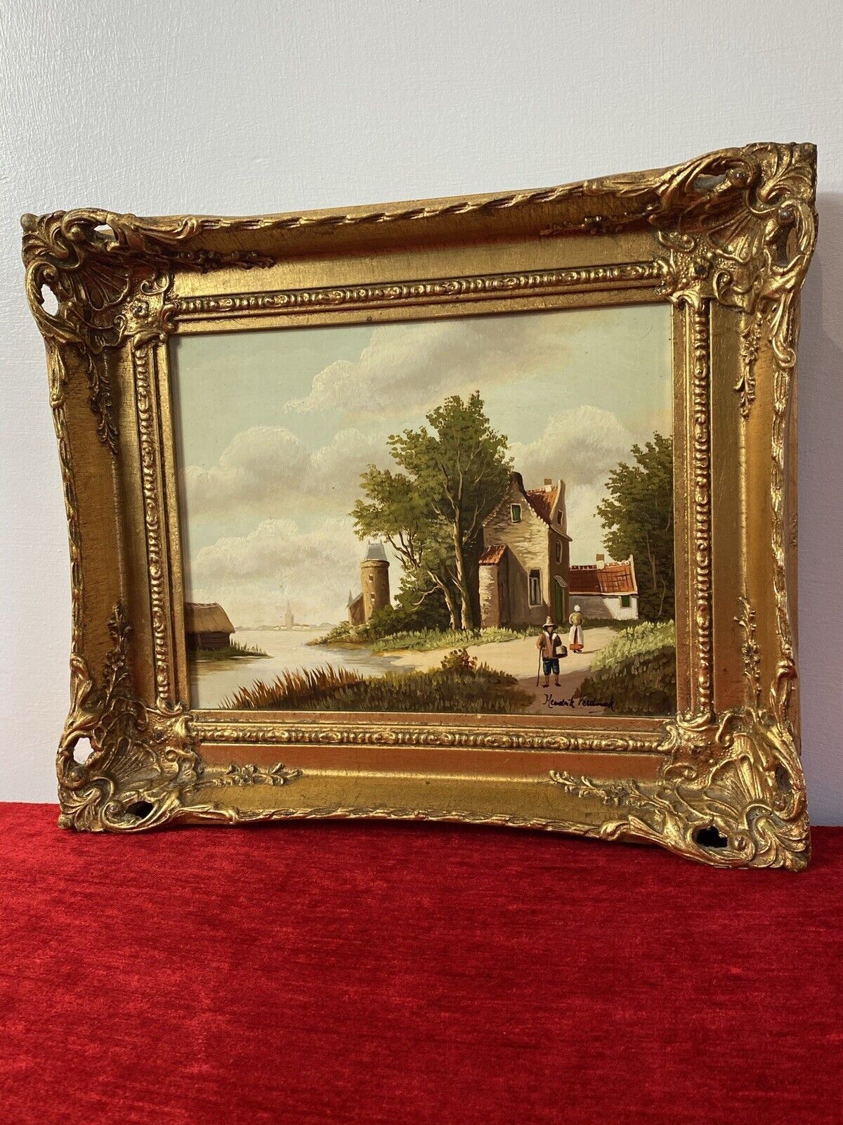 Early 20th Century Dutch Landscape Painting On Oak Panel Signed In Gilt Frame photo vintage