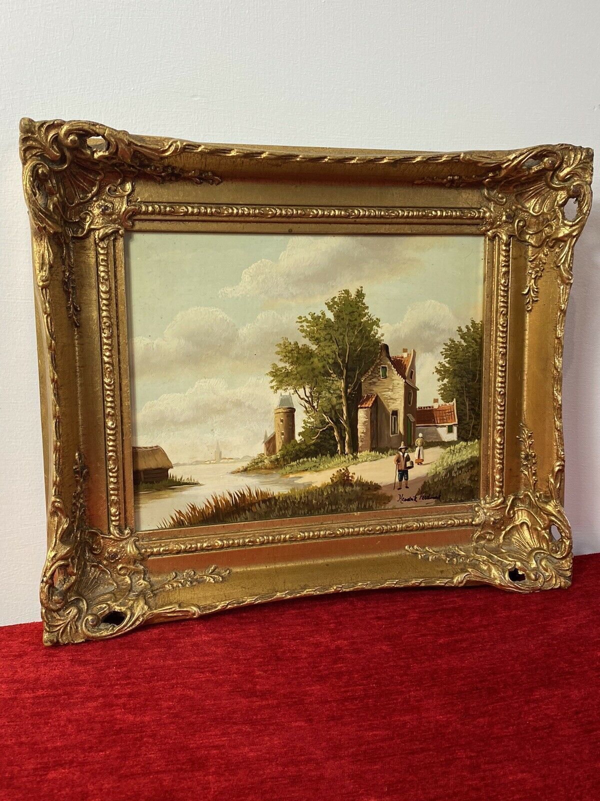 photo furniture Early 20th Century Dutch Landscape Painting On Oak Panel Signed In Gilt Frame