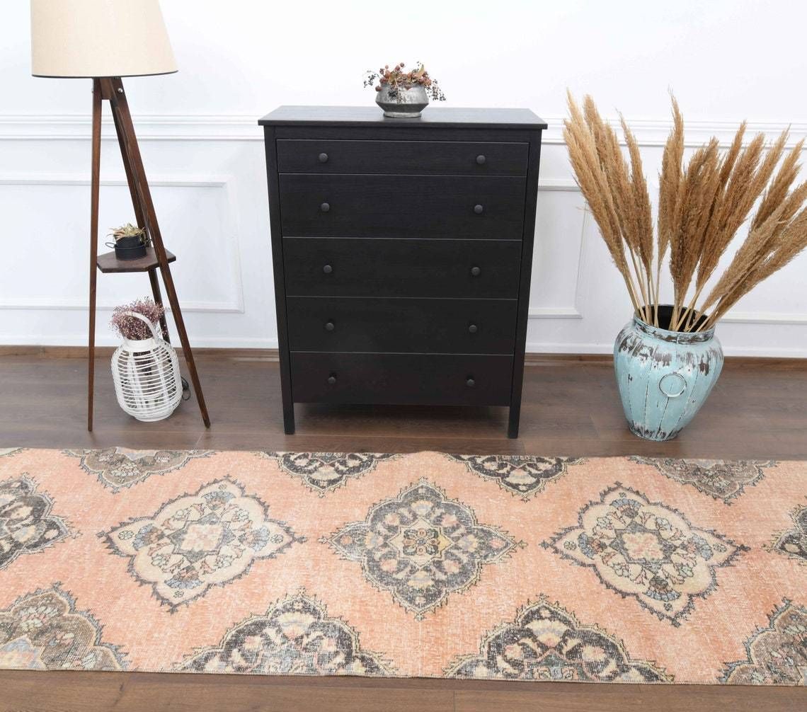 4x8 Turkish Vintage Runner, Oushak Handmade Wool Runner Rug, Muted Orange Semi Antique Hallway Rugs, Farmhouse Decor, One Of A Kind Anatolia photo Textiles
