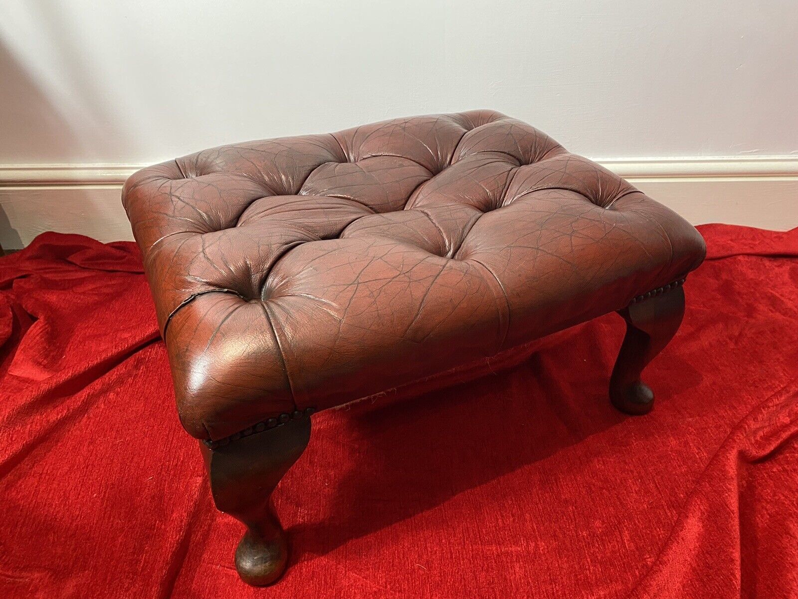 Vintage Red Leather Chesterfield Footstool Set Upon Mahogany Queen Anne Legs photo furniture