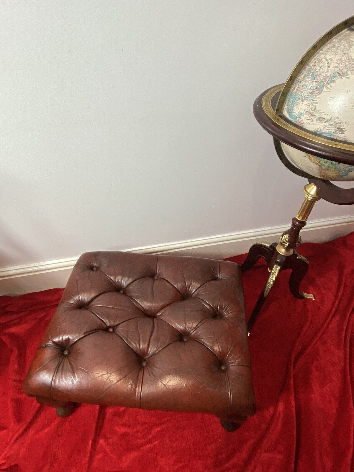 Vintage Red Leather Chesterfield Footstool Set Upon Mahogany Queen Anne Legs photo vinterior