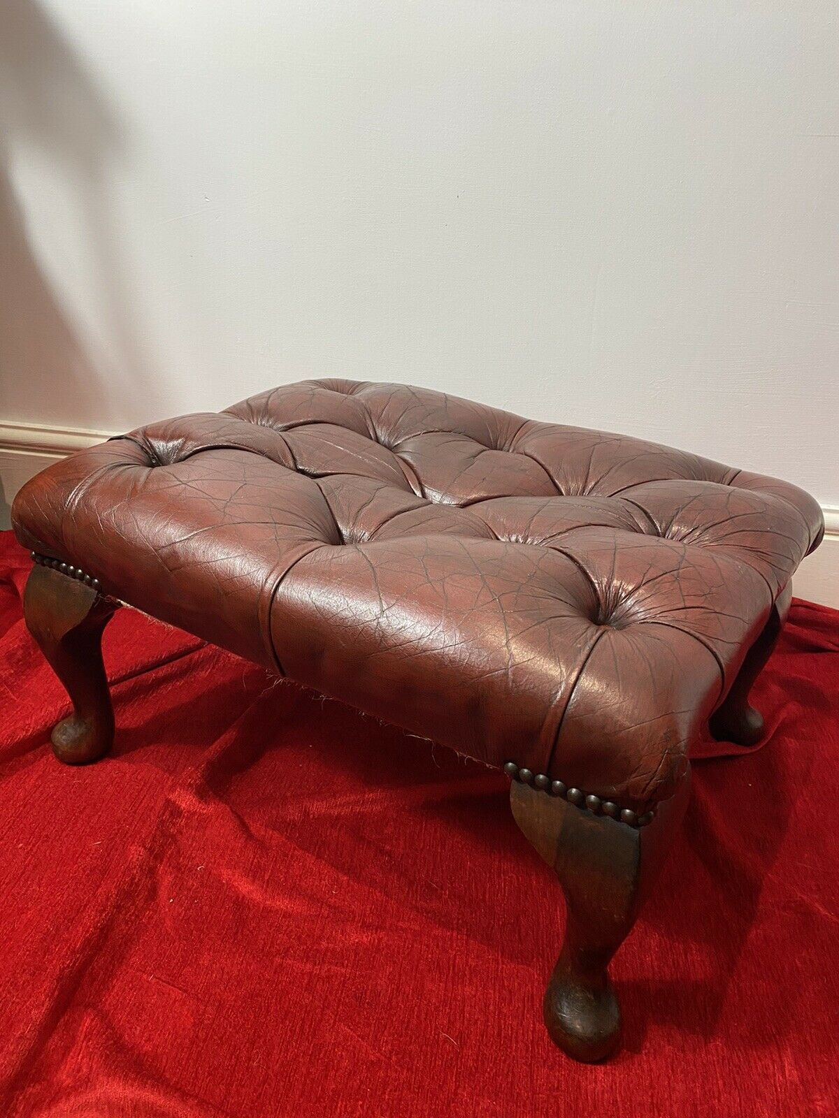 Vintage Red Leather Chesterfield Footstool Set Upon Mahogany Queen Anne Legs photo buy