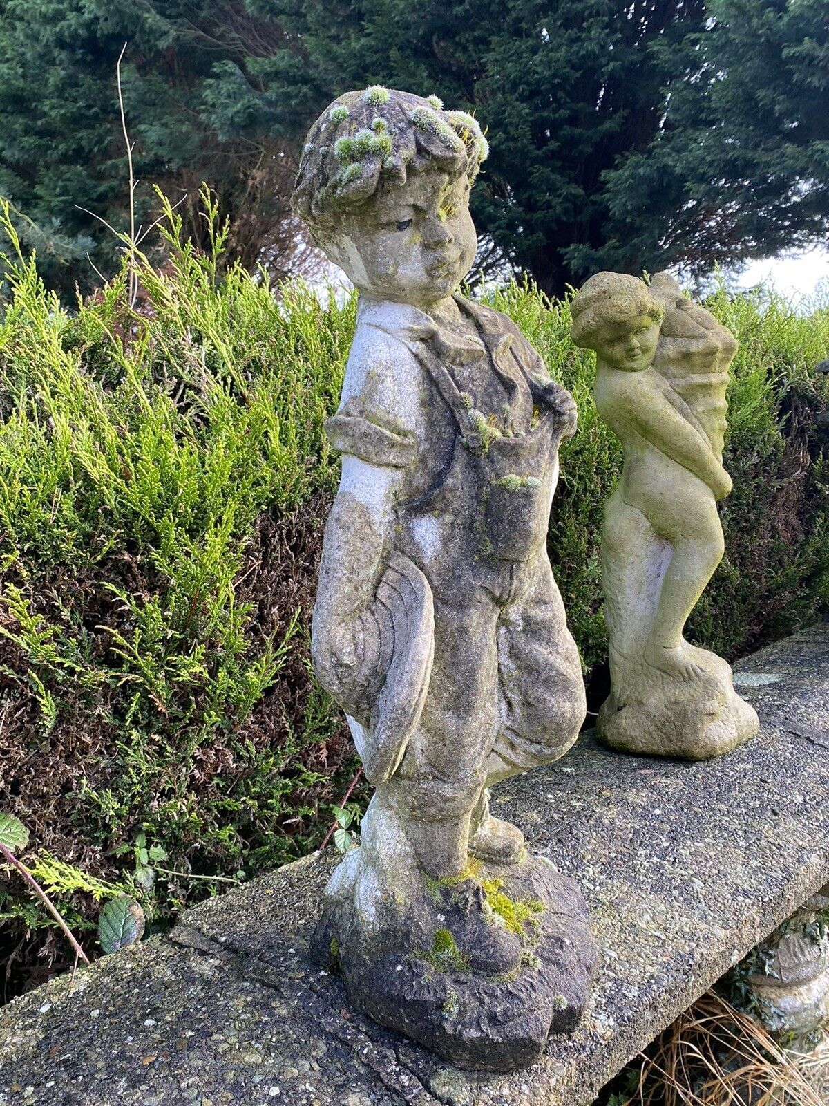 Country Estate Gardening Boy With Straw Bower Weathered Stone Garden Sculpture photo furniture