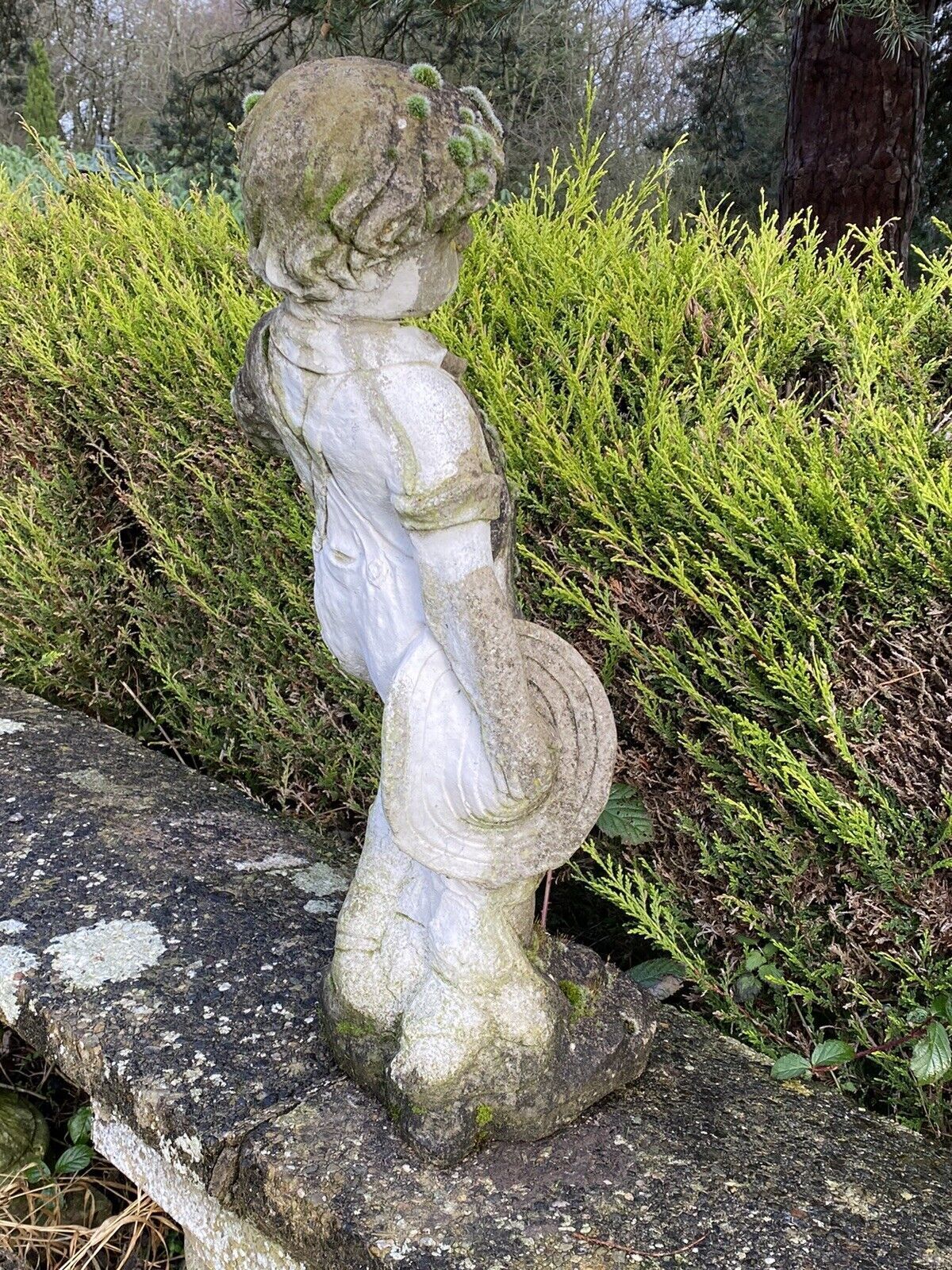 photo furniture Country Estate Gardening Boy With Straw Bower Weathered Stone Garden Sculpture
