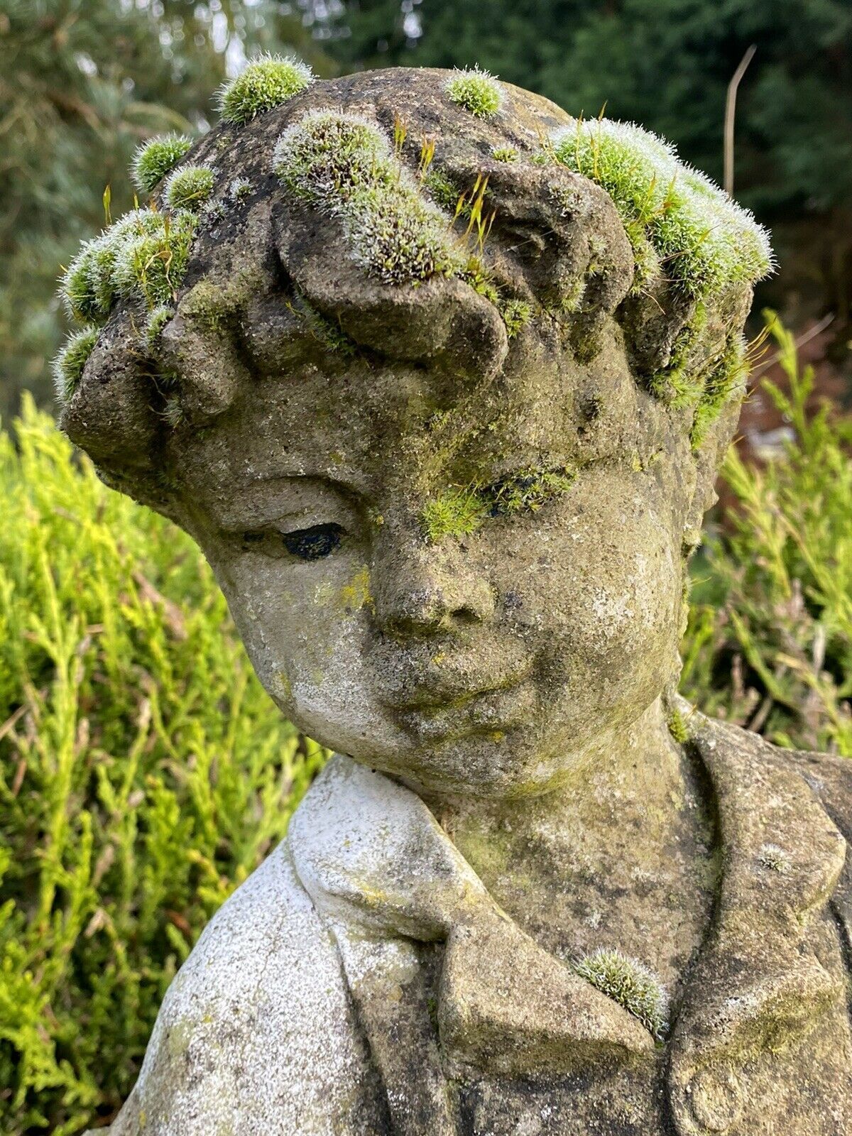 325.0 Country Estate Gardening Boy With Straw Bower Weathered Stone Garden Sculpture photo