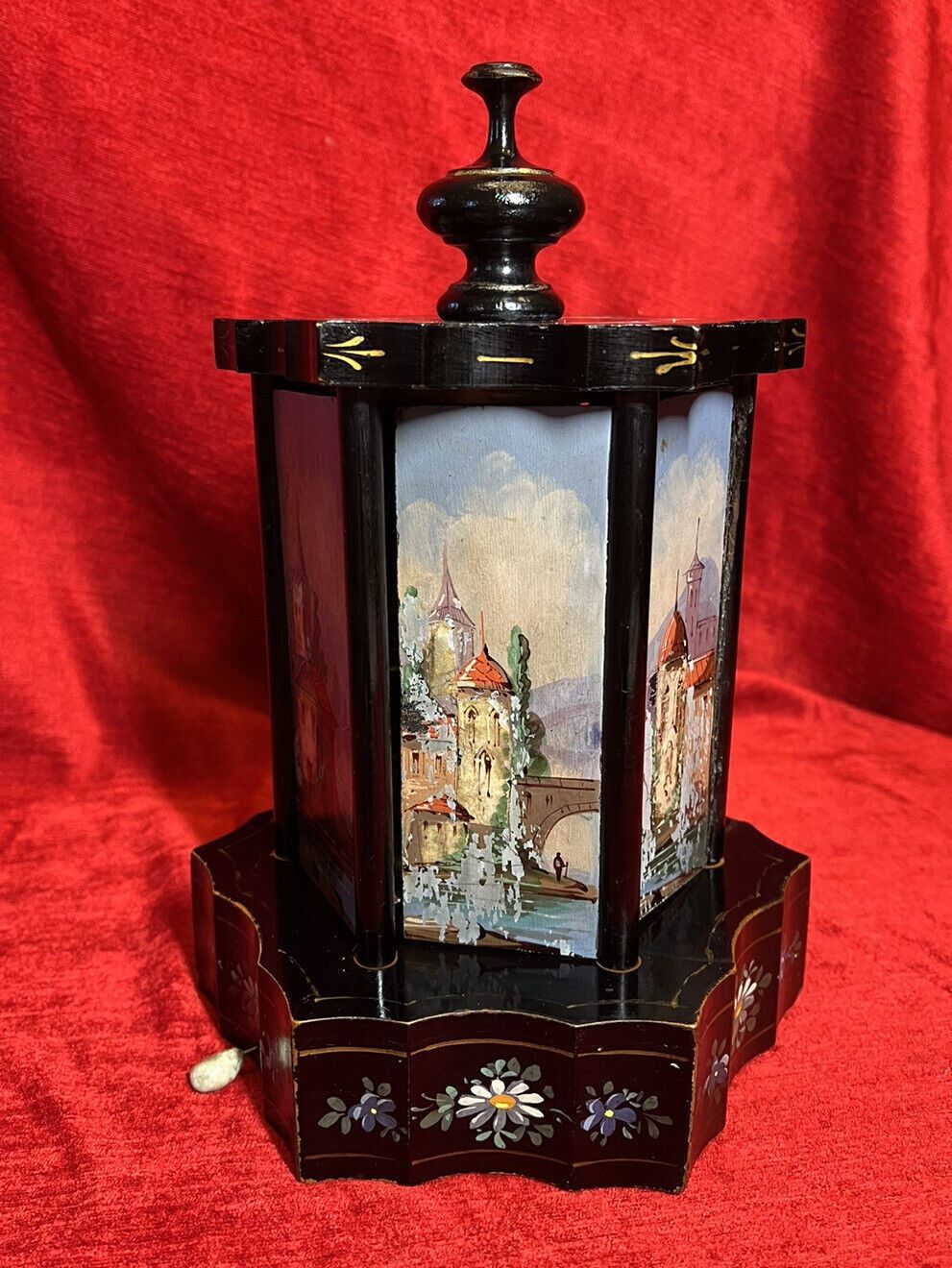 Antique Swiss Reuge Musical Cigarette Carousel Adorned With Landscape Scenes