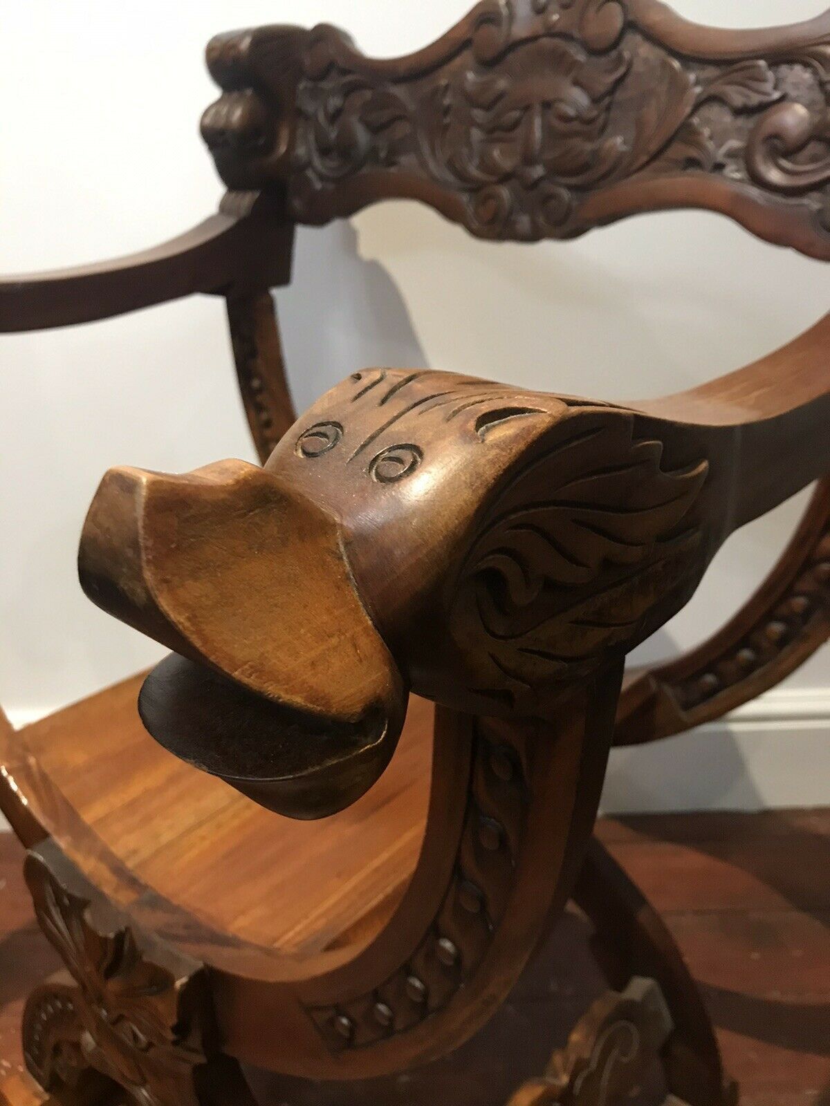 Carved Red Walnut X Frame Green Man Great Hall Chair photo Furniture