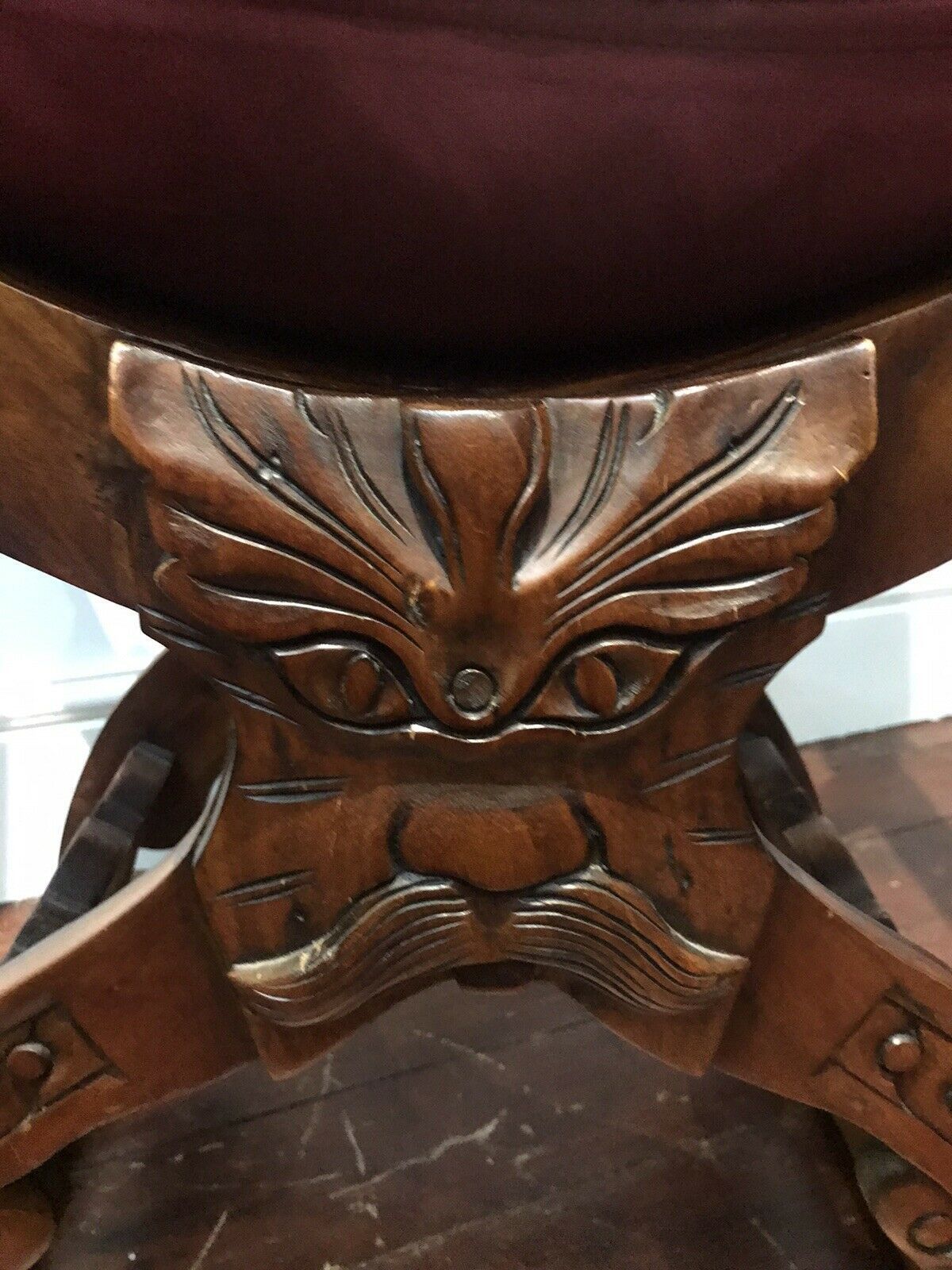Carved Red Walnut X Frame Green Man Great Hall Chair photo vintage