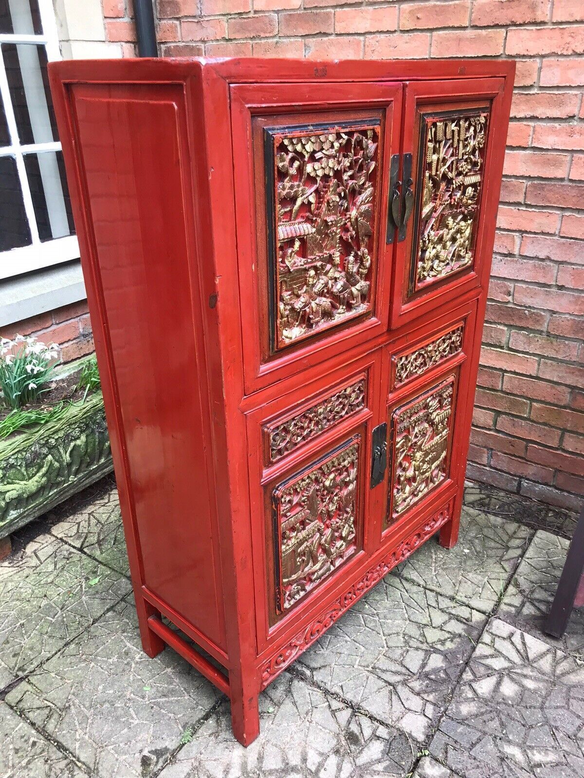 Rare Imperial Red Lacquer & Gilt Marriage Cabinet With Hand Carved Panels photo Furniture