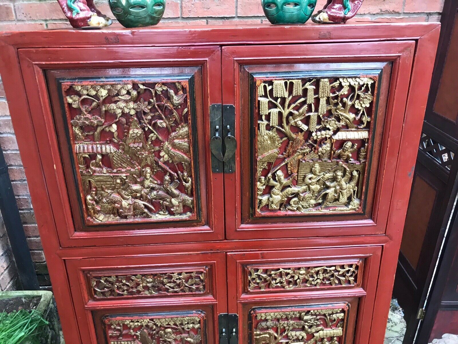 Rare Imperial Red Lacquer & Gilt Marriage Cabinet With Hand Carved Panels photo vinterior